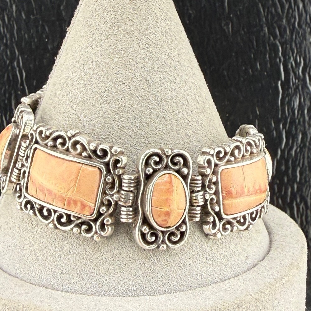 Brighton Bracelet Tan Leather Inlay Silver Tone Link Scroll Western 7.5in